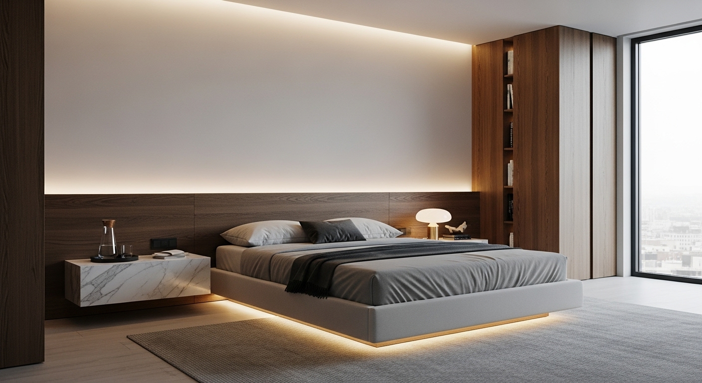 Desain interior kamar modern dengan panel dinding kayu vertikal dan headboard marble elegan