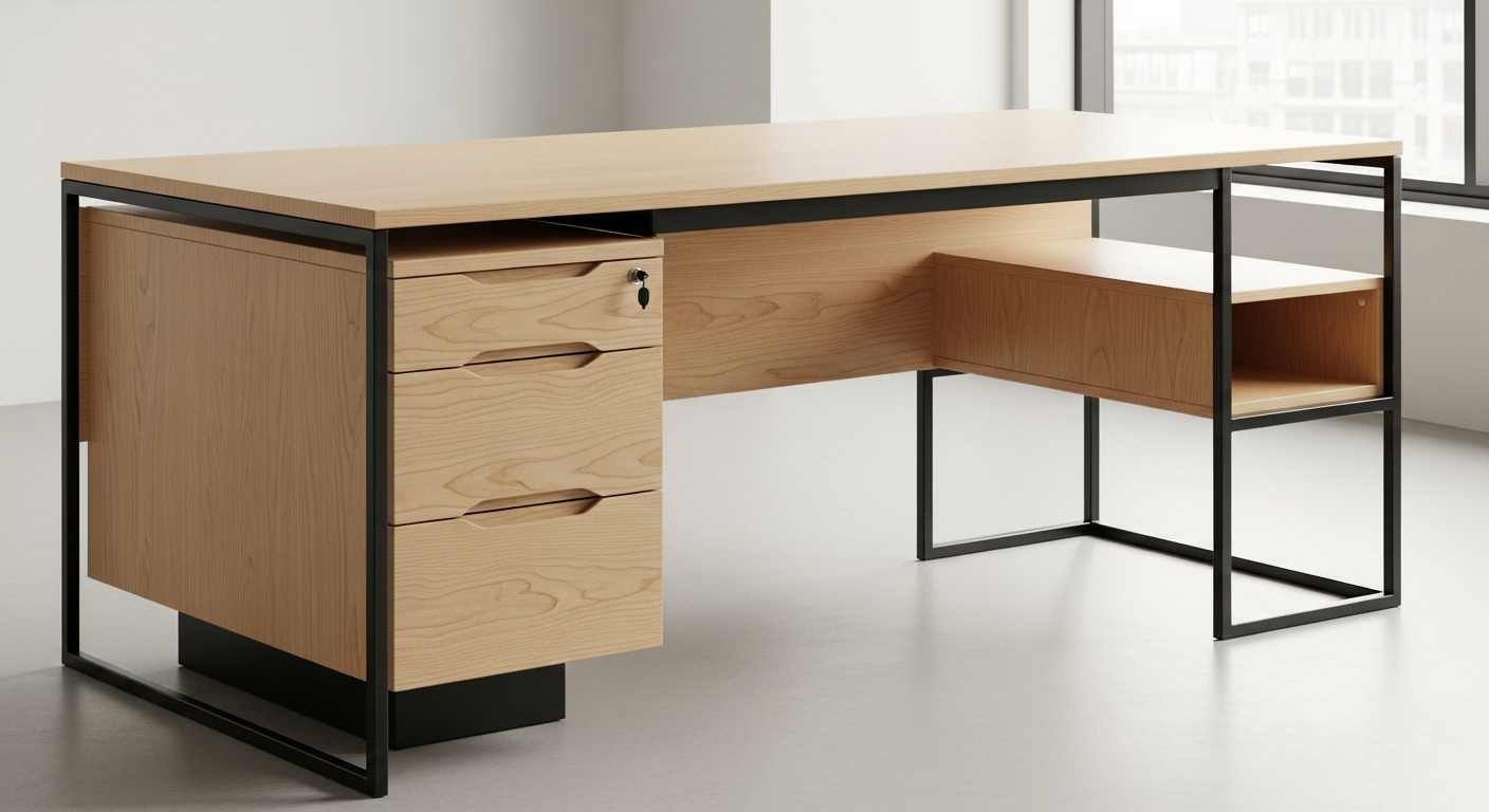 Desain meja custom Industrial Minimalis yang Elegan dengan Perpaduan Material Kayu dan Besi