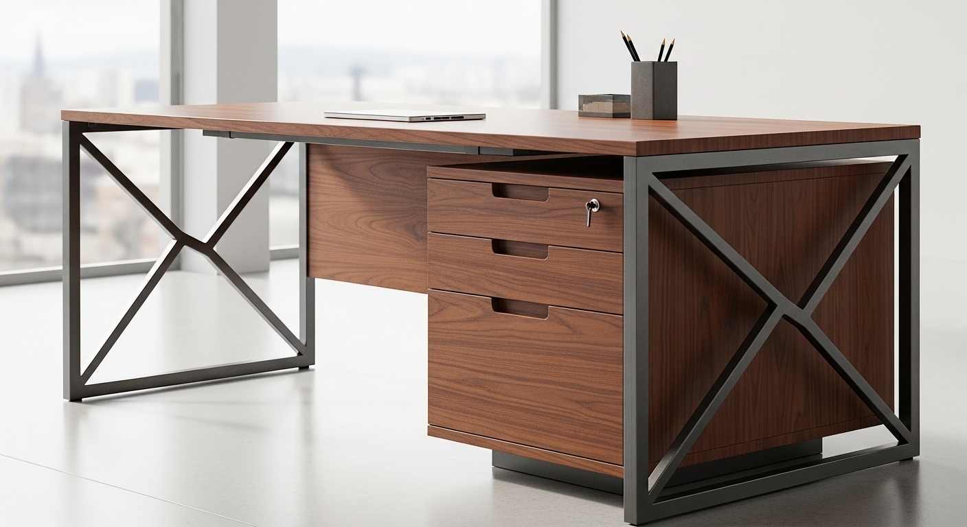 Desain Meja Kantor Industrial dengan Aksen Frame Besi Cross yang Elegan