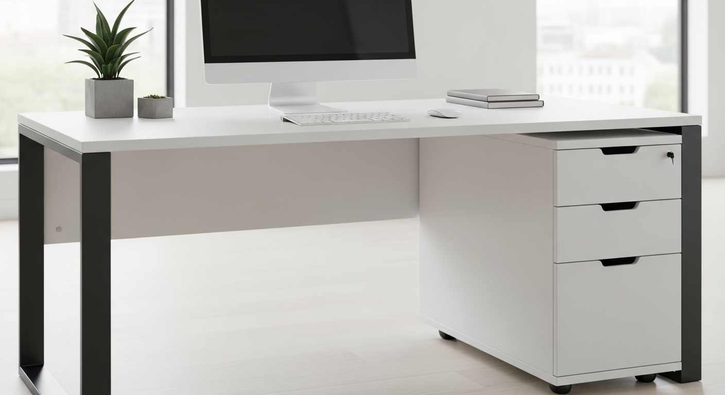 Desain Meja Kantor Minimalis Monokrom dengan Laci Fungsional Terintegrasi