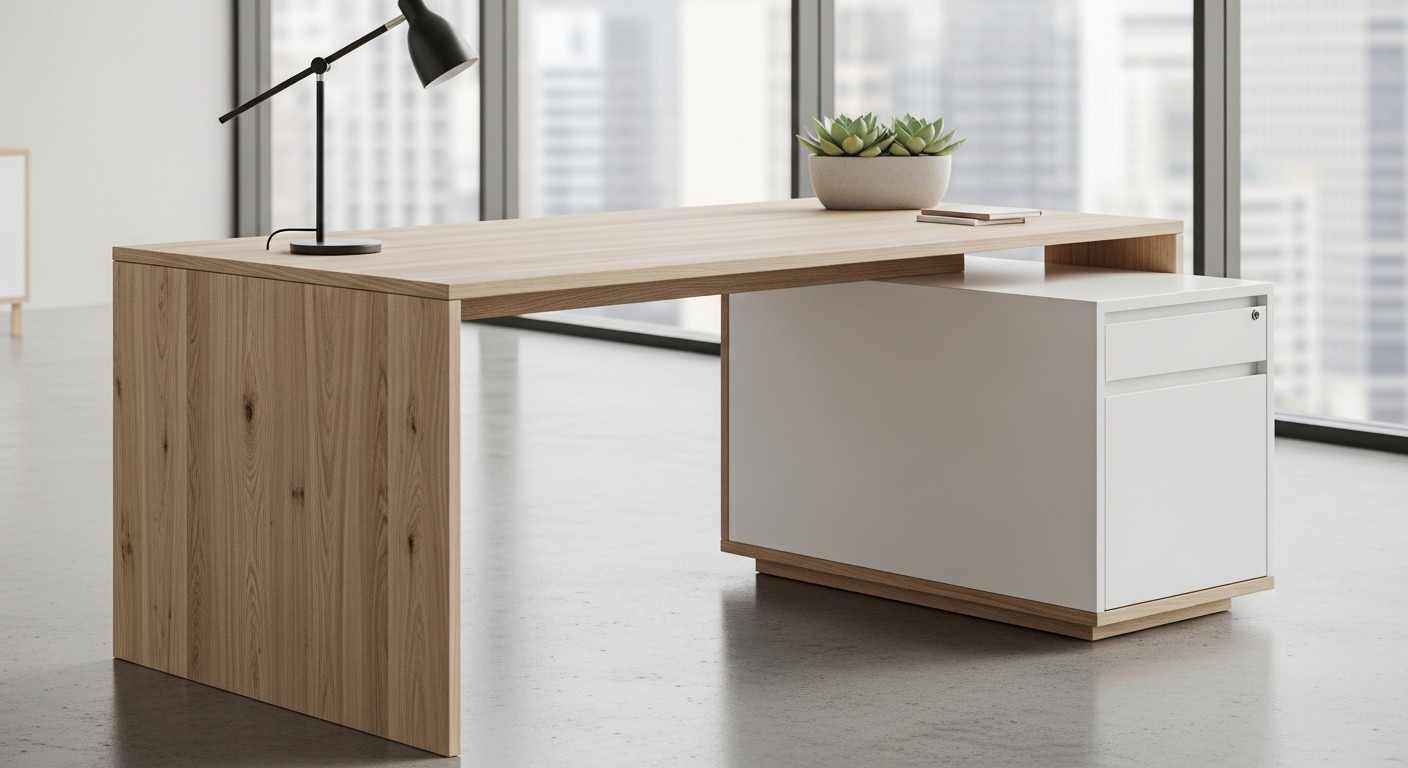 Desain Meja Kantor Minimalis Kontemporer dengan Aksen Kayu dan Putih