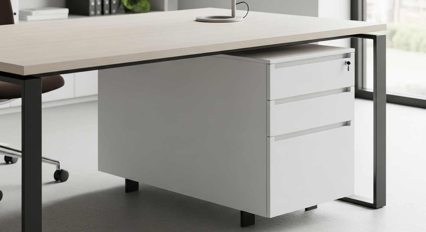 Desain Meja Minimalis Industrial dengan Laci Penyimpanan Terintegrasi