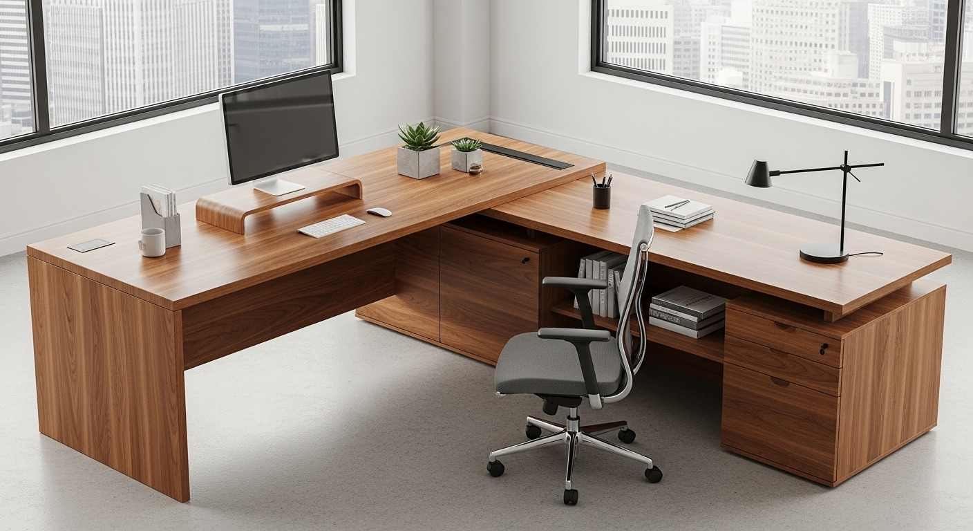 Meja Kantor Sudut L-Shape dengan Sentuhan Kayu Alami untuk Efisiensi Ruang Kerja