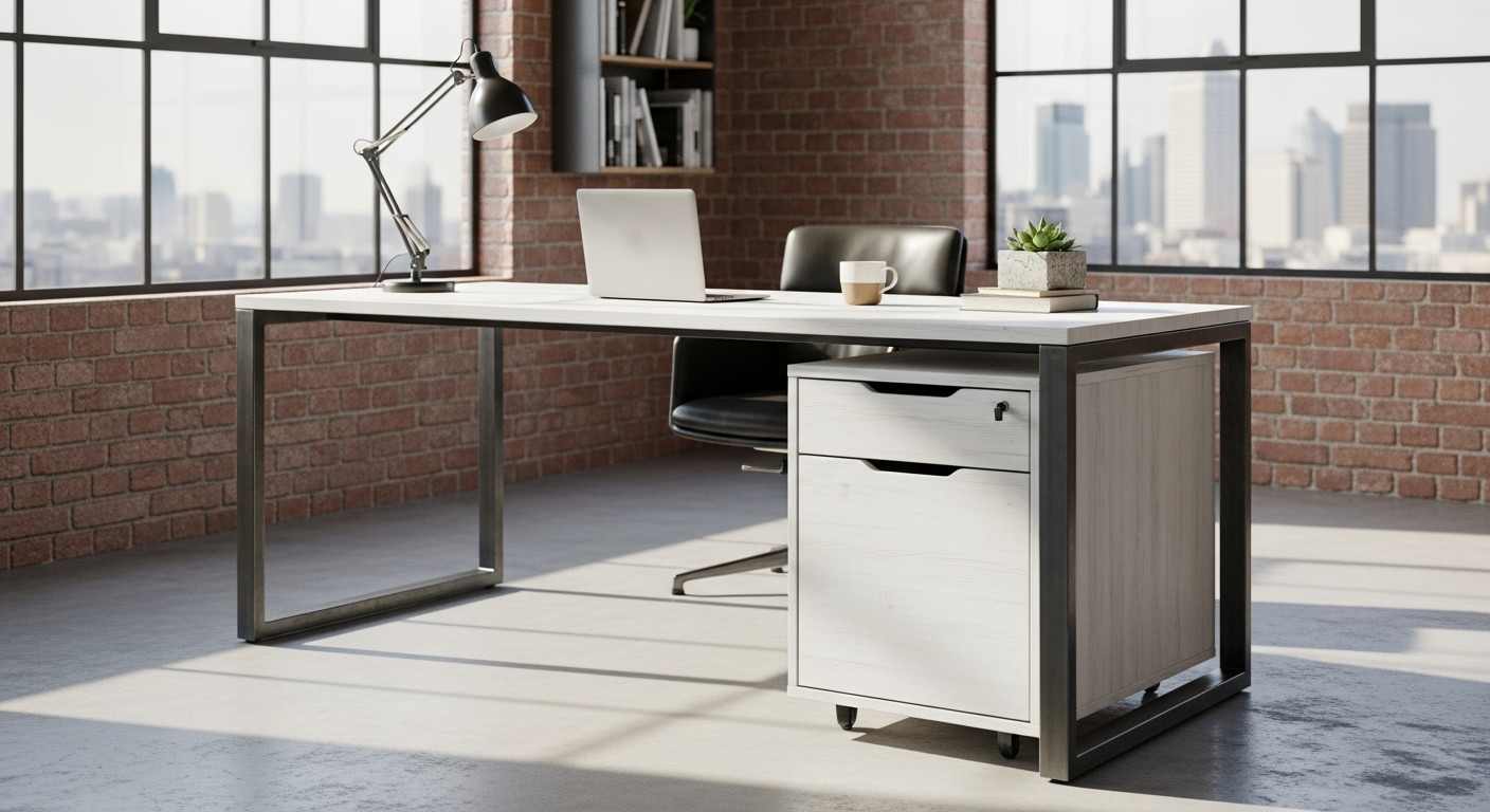 Meja Kantor Industrial Minimalis dengan Laci Mobile untuk Efisiensi Kerja Masa Kini