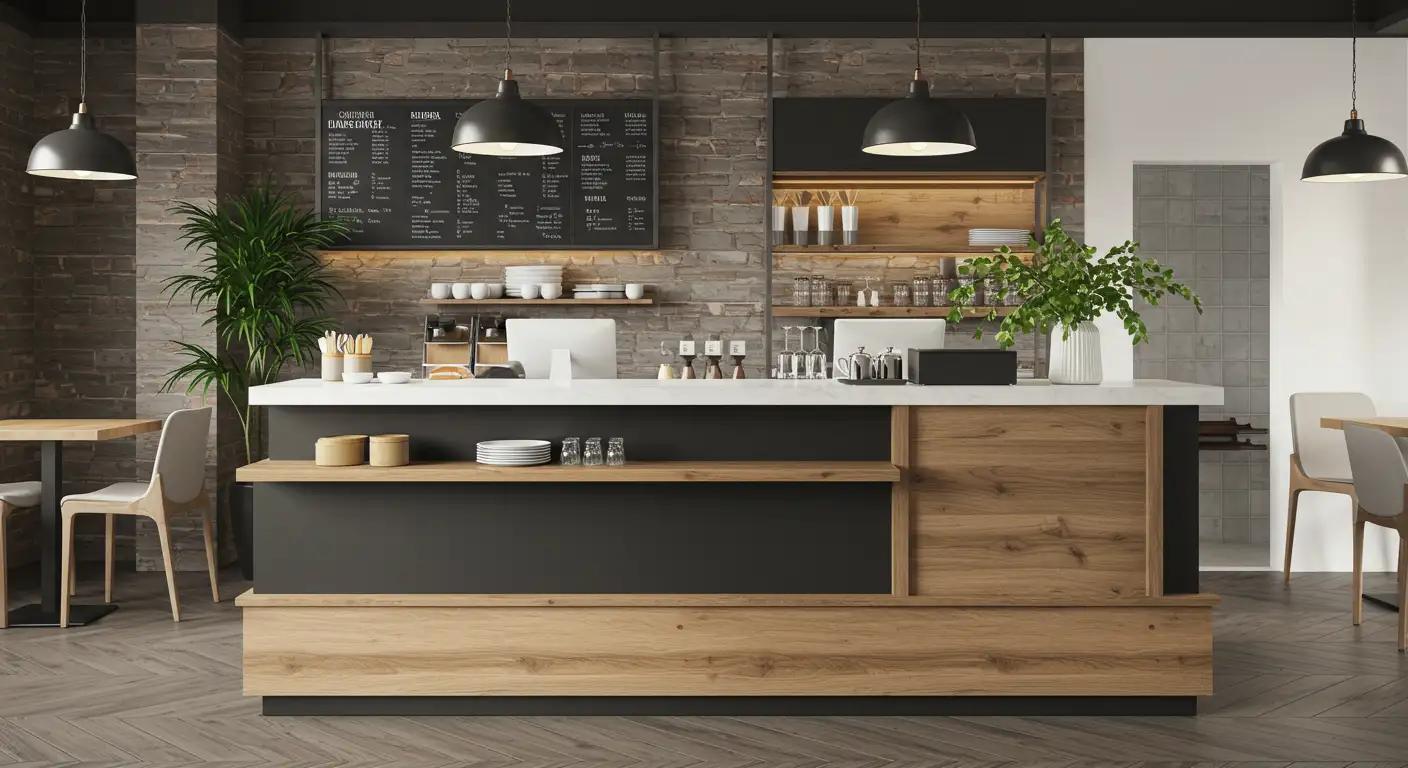 Meja Kasir Industrial Modern dengan Display Terintegrasi untuk Cafe Estetik